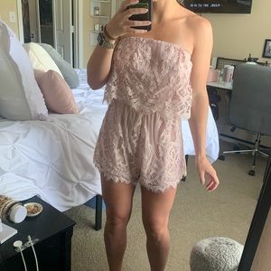 Pink lace strapless romper